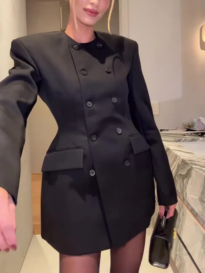 Black Double-Breasted Mini Blazer Dress – Elegant Long Sleeve Tuxedo Style