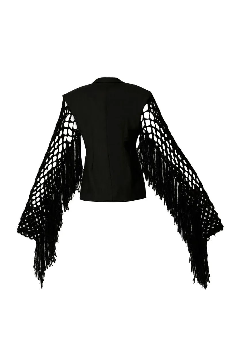 BLACK FISHNET-SLEEVE BLAZER