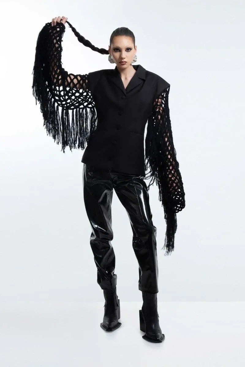 BLACK FISHNET-SLEEVE BLAZER