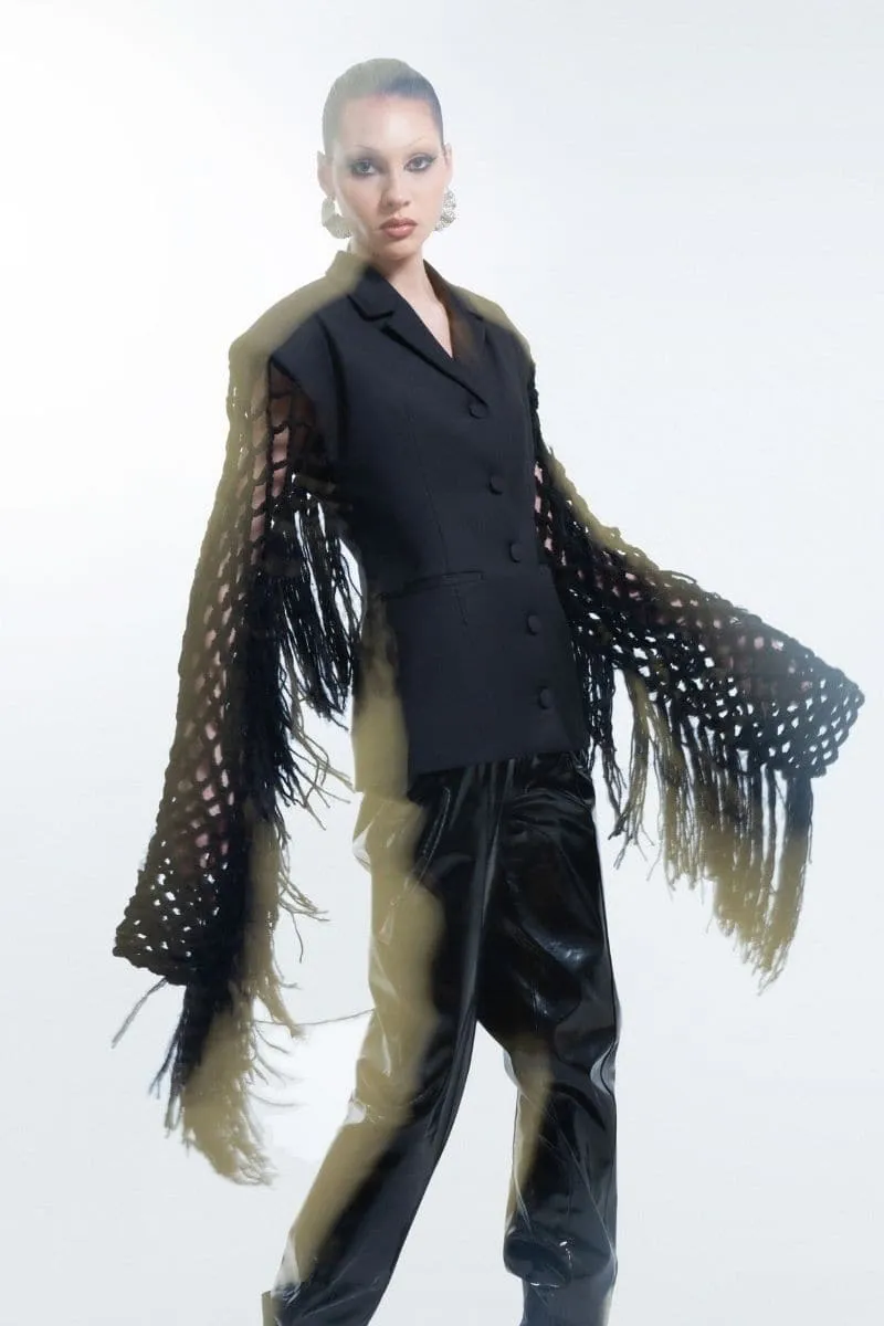 BLACK FISHNET-SLEEVE BLAZER