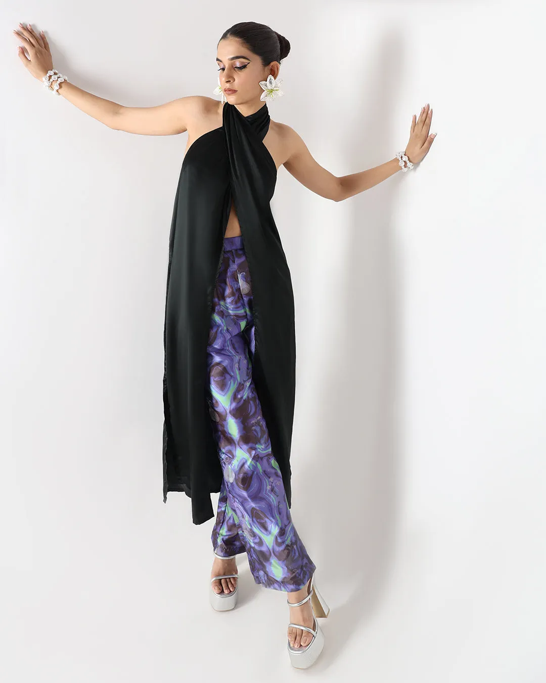 Black Long Drape Halter Silk Coord Set