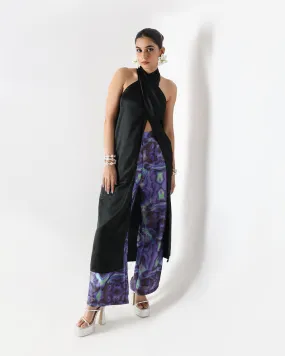 Black Long Drape Halter Silk Coord Set