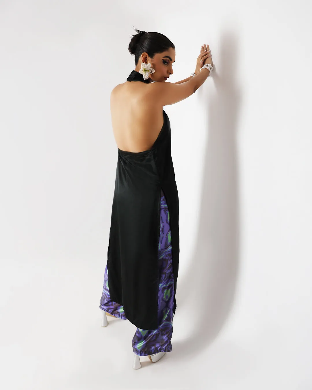 Black Long Drape Halter Silk Coord Set