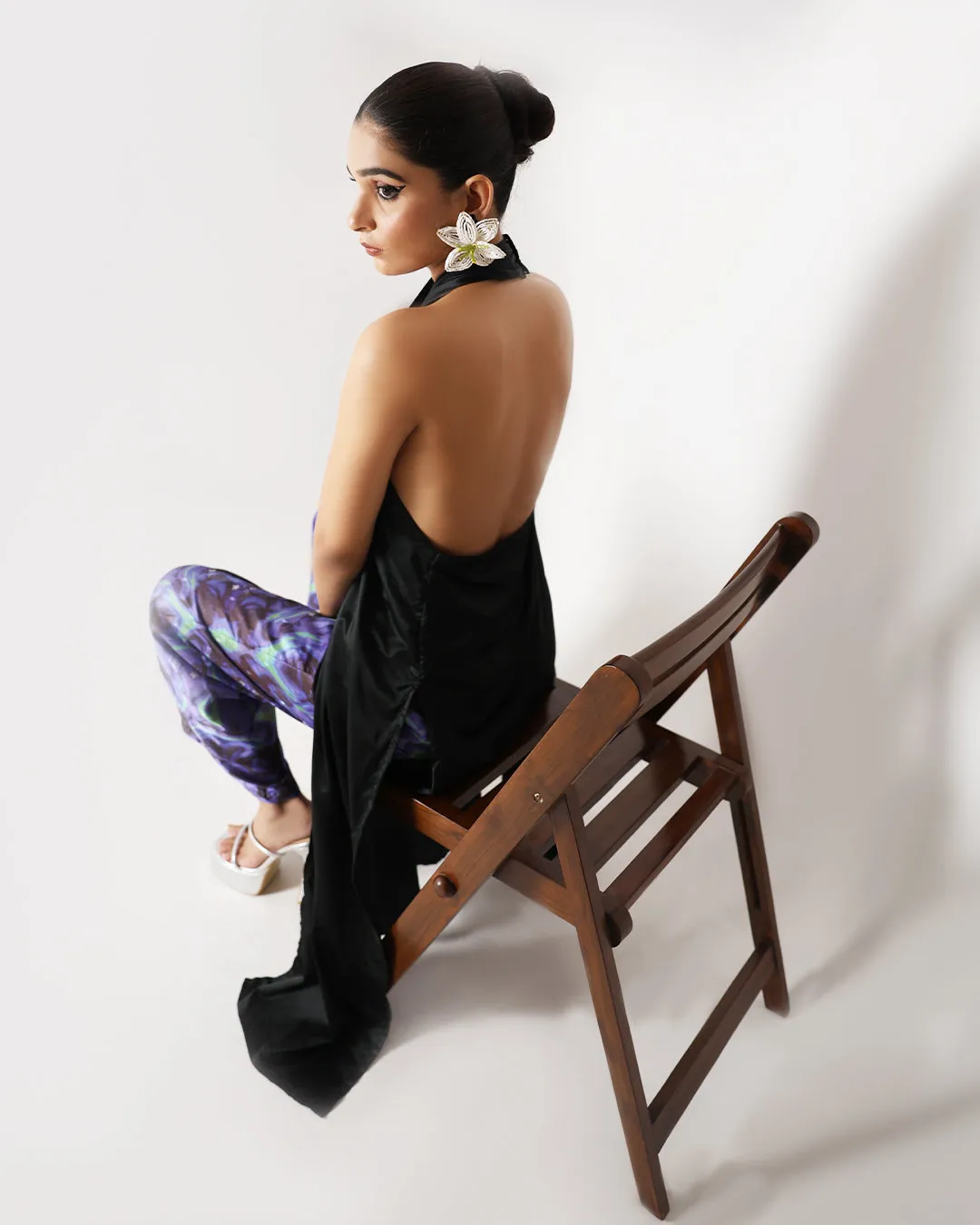 Black Long Drape Halter Silk Coord Set