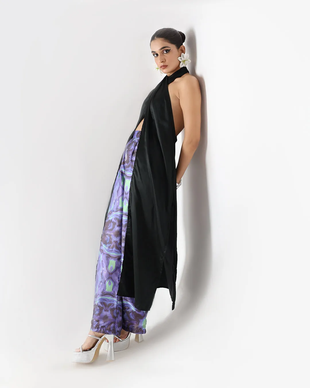 Black Long Drape Halter Silk Coord Set