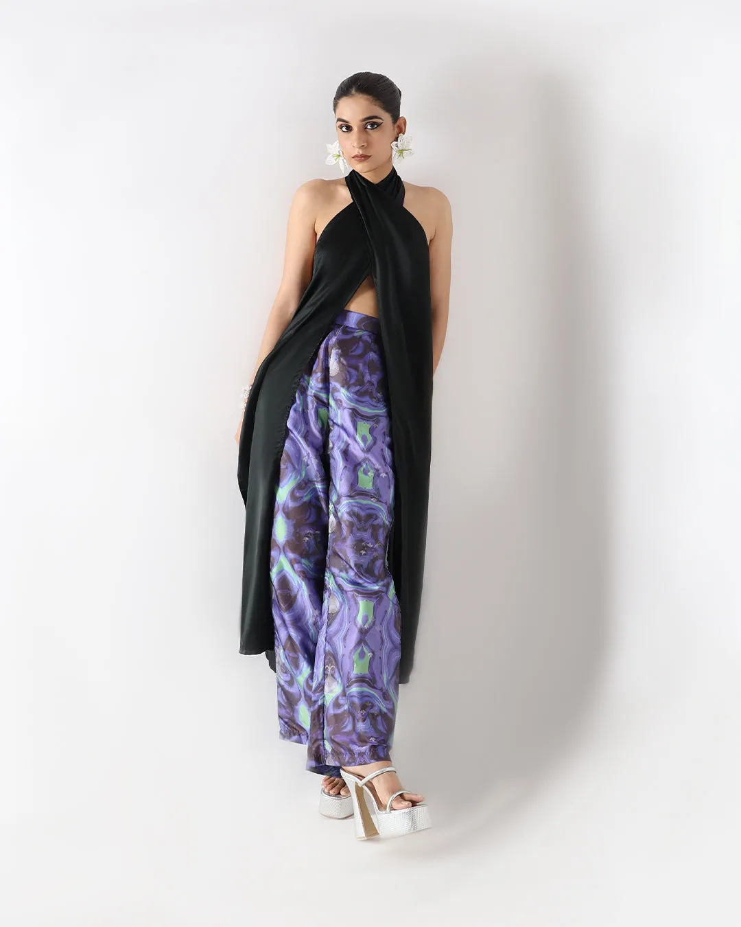 Black Long Drape Halter Silk Coord Set