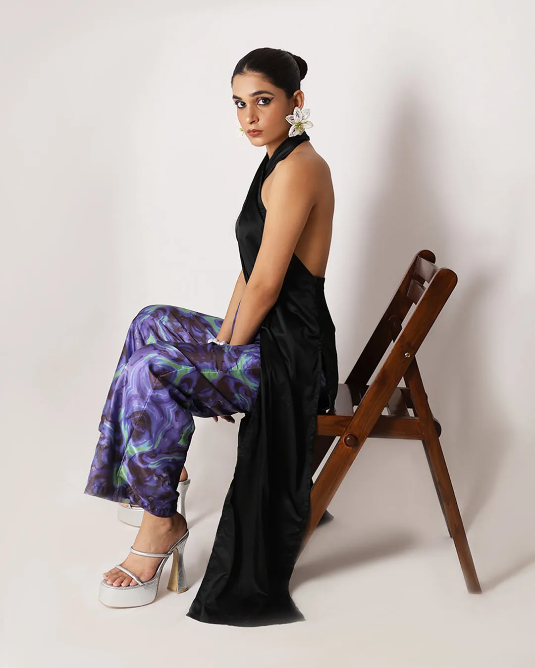 Black Long Drape Halter Silk Coord Set