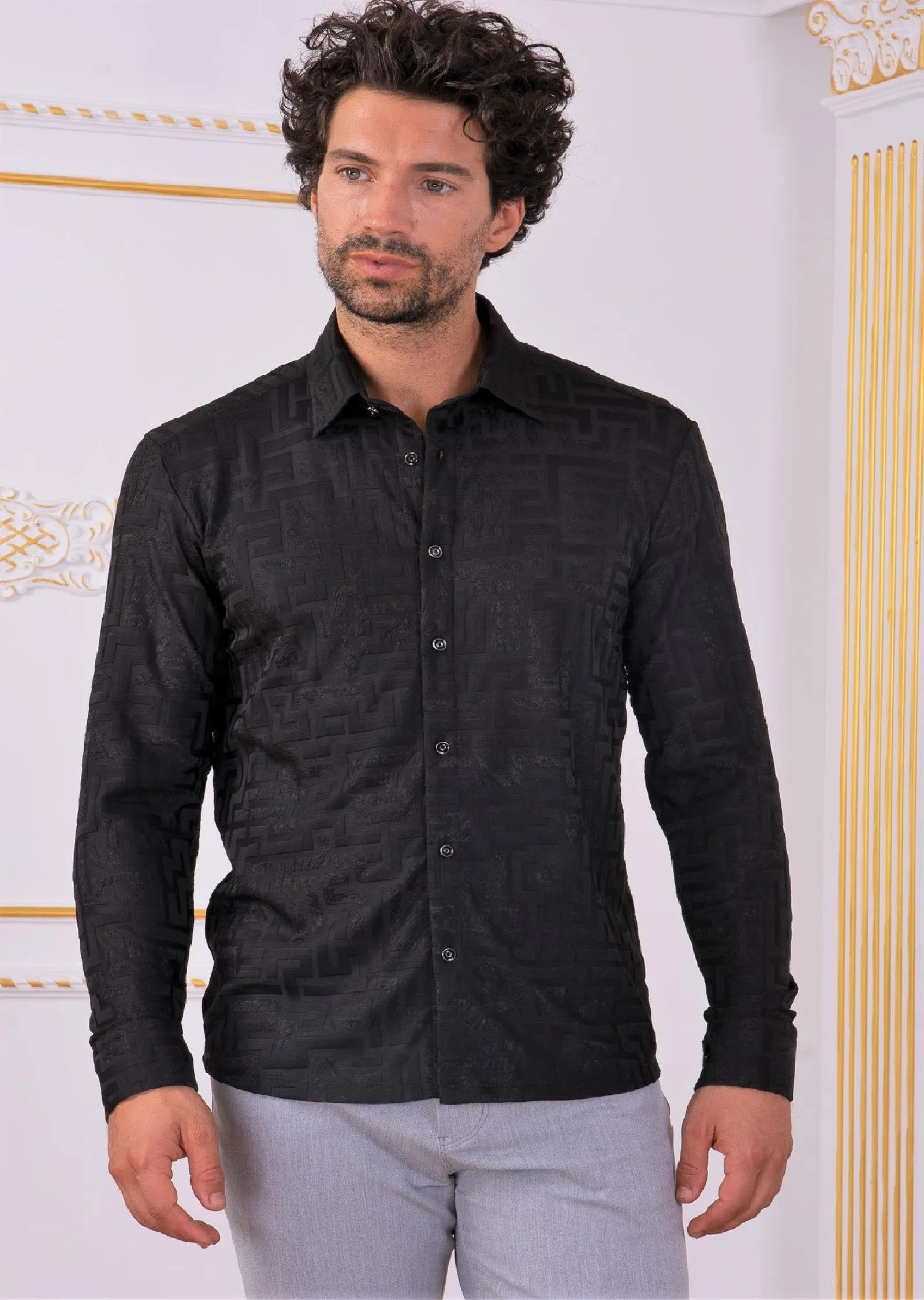 Black Meander Jacquard Knit Shirt