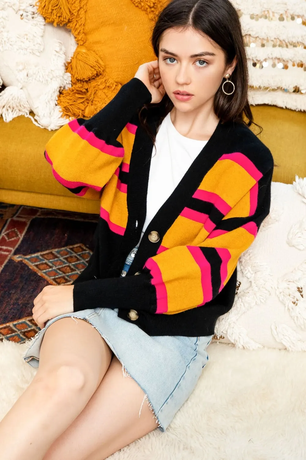 Black Striped Cropped Button Up Cardigan