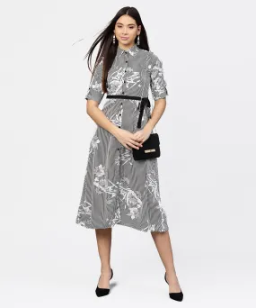 Black Striped Cuff Style Half Sleeve A-Line Open Placket Dress With Belt