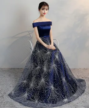 Blue Off Shoulder Long Prom Dress, Blue Evening Dress