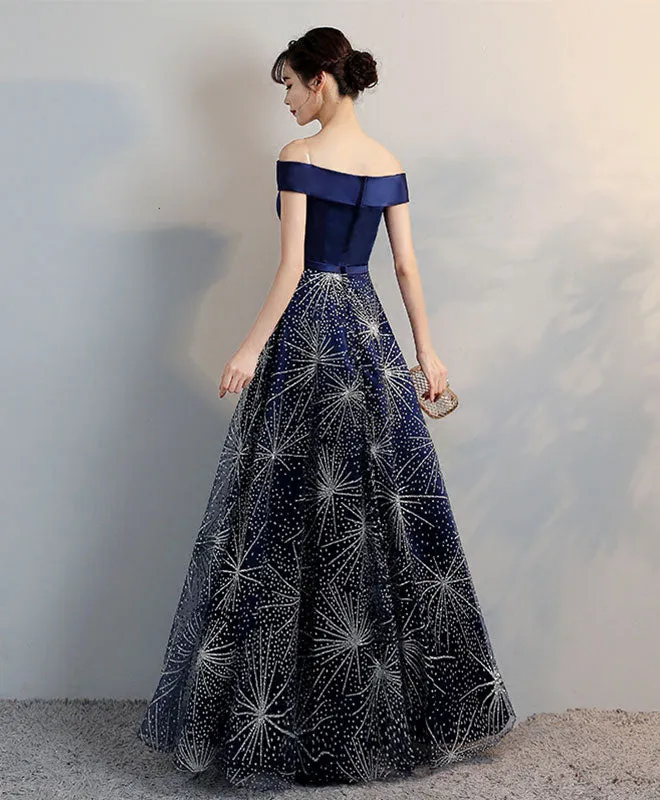 Blue Off Shoulder Long Prom Dress, Blue Evening Dress