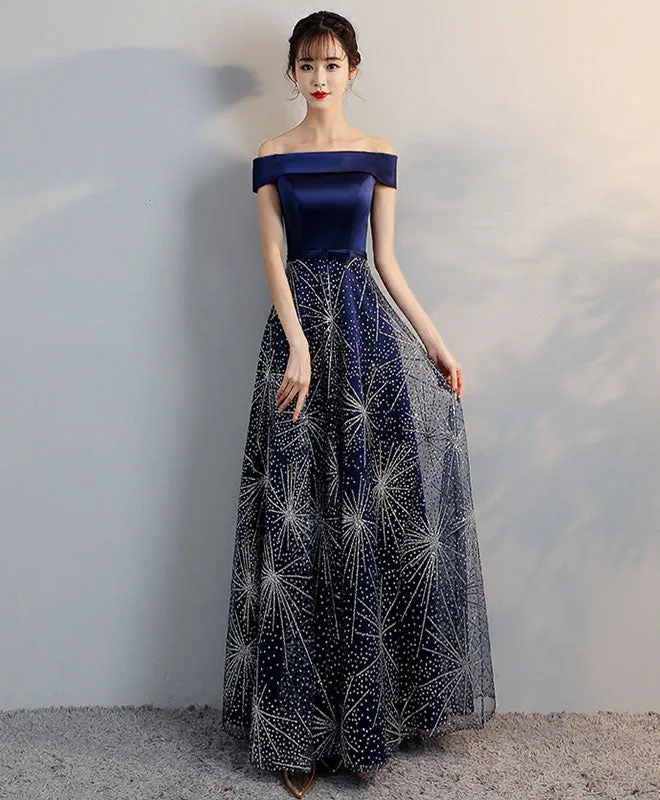 Blue Off Shoulder Long Prom Dress, Blue Evening Dress