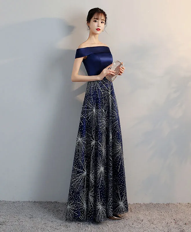 Blue Off Shoulder Long Prom Dress, Blue Evening Dress