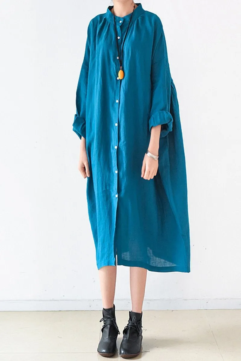 Blue Women Loose Fitting Gown Single Breasted Large Size Maxi Dress Long Shirt Dress Q0805
