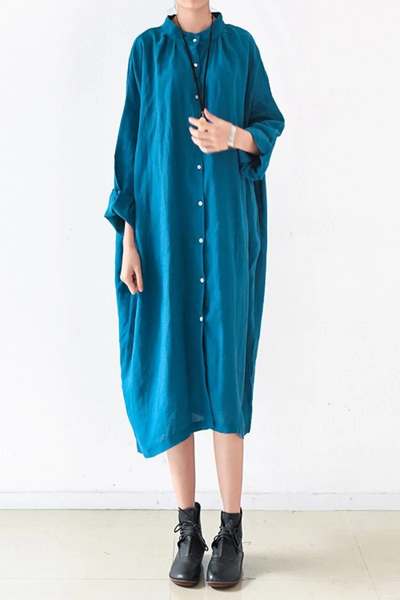 Blue Women Loose Fitting Gown Single Breasted Large Size Maxi Dress Long Shirt Dress Q0805