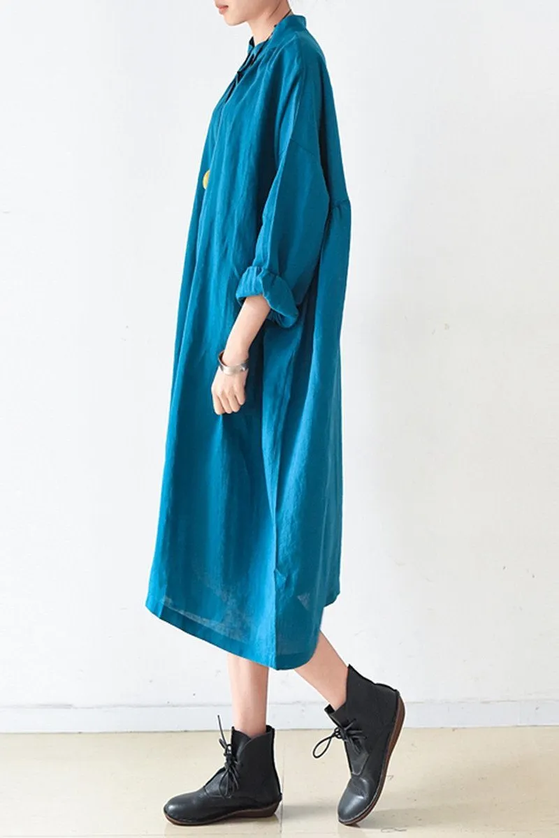 Blue Women Loose Fitting Gown Single Breasted Large Size Maxi Dress Long Shirt Dress Q0805