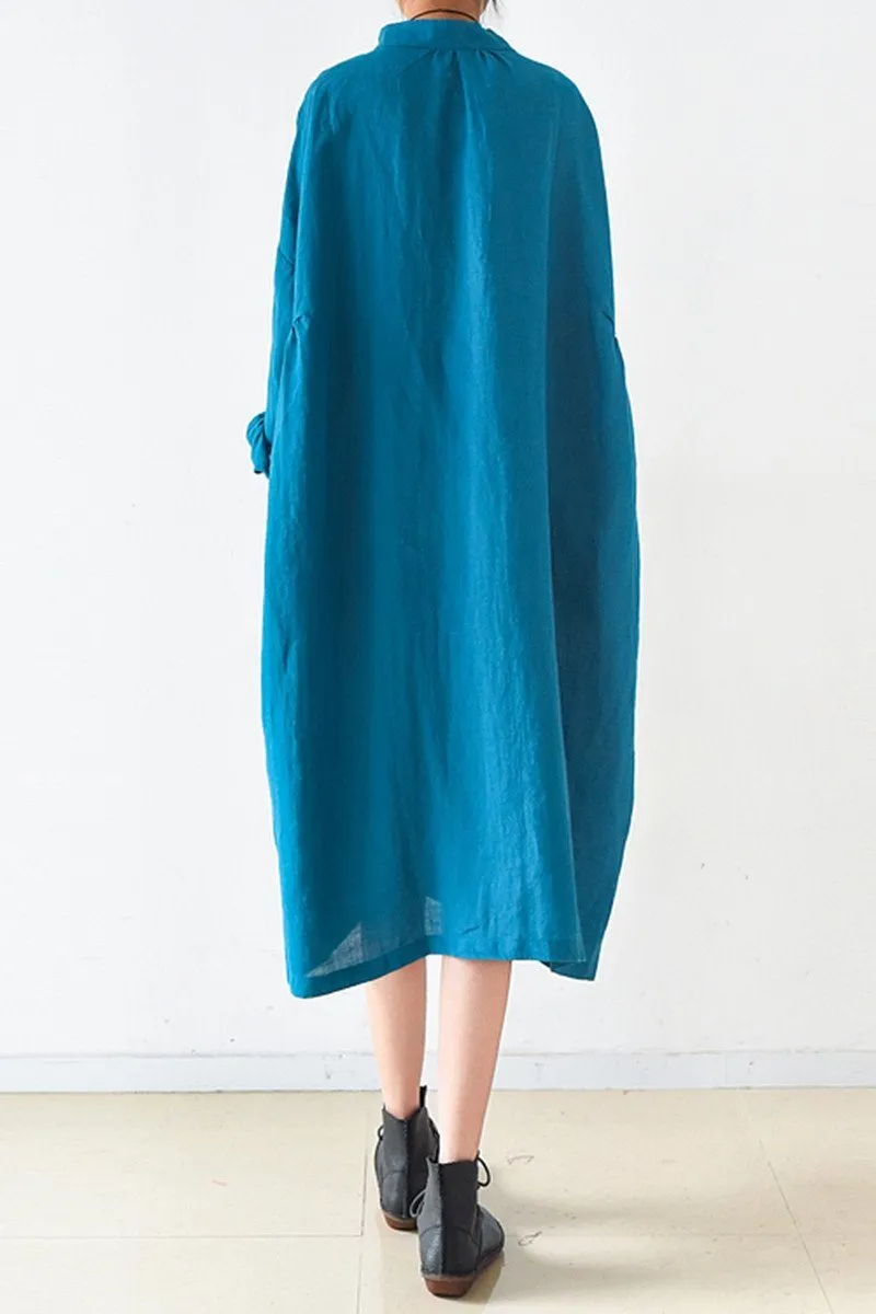 Blue Women Loose Fitting Gown Single Breasted Large Size Maxi Dress Long Shirt Dress Q0805