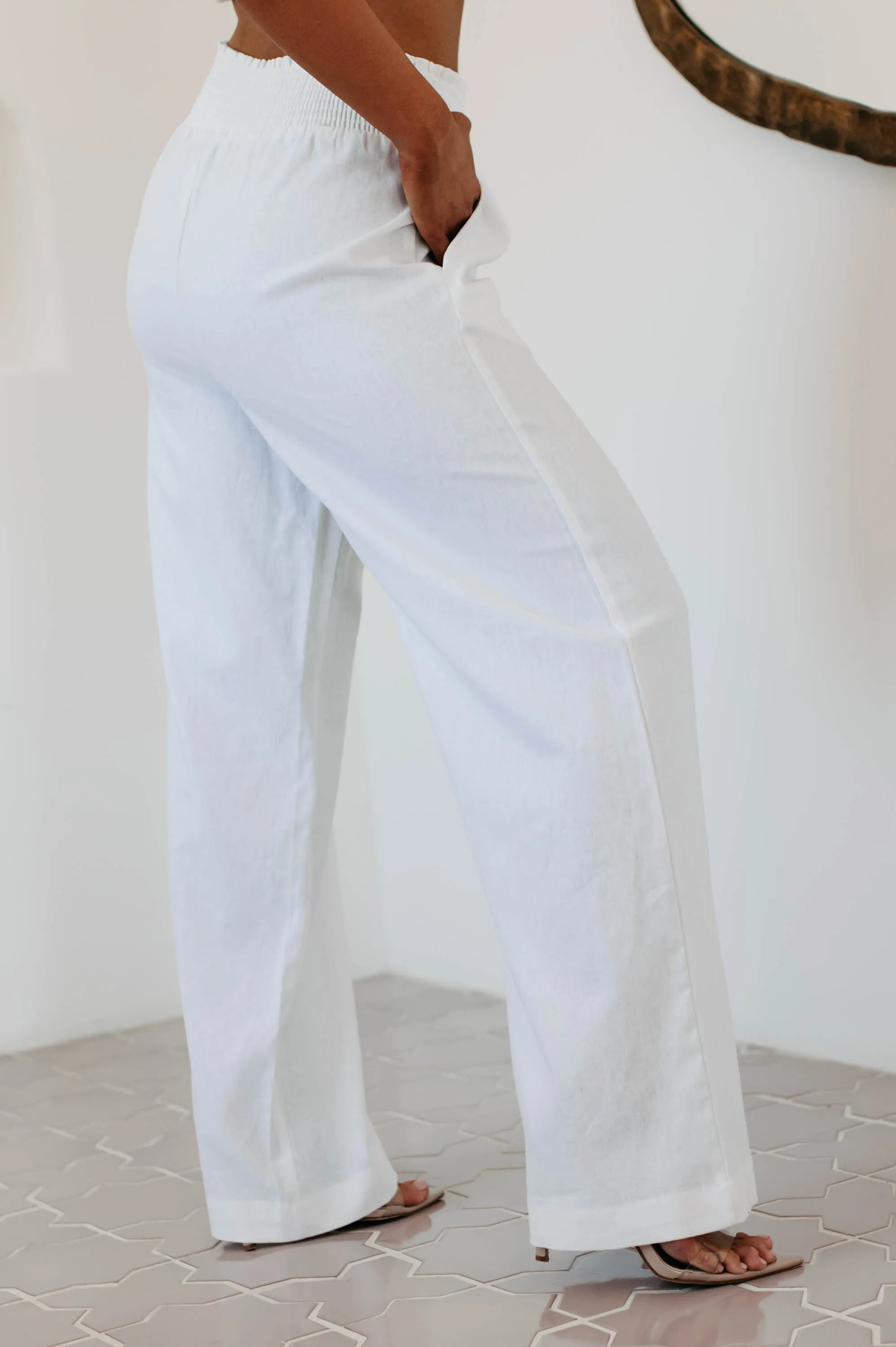 Boat Ready Smocked Wide Leg Linen Pants (White)