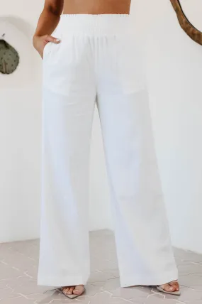 Boat Ready Smocked Wide Leg Linen Pants (White)
