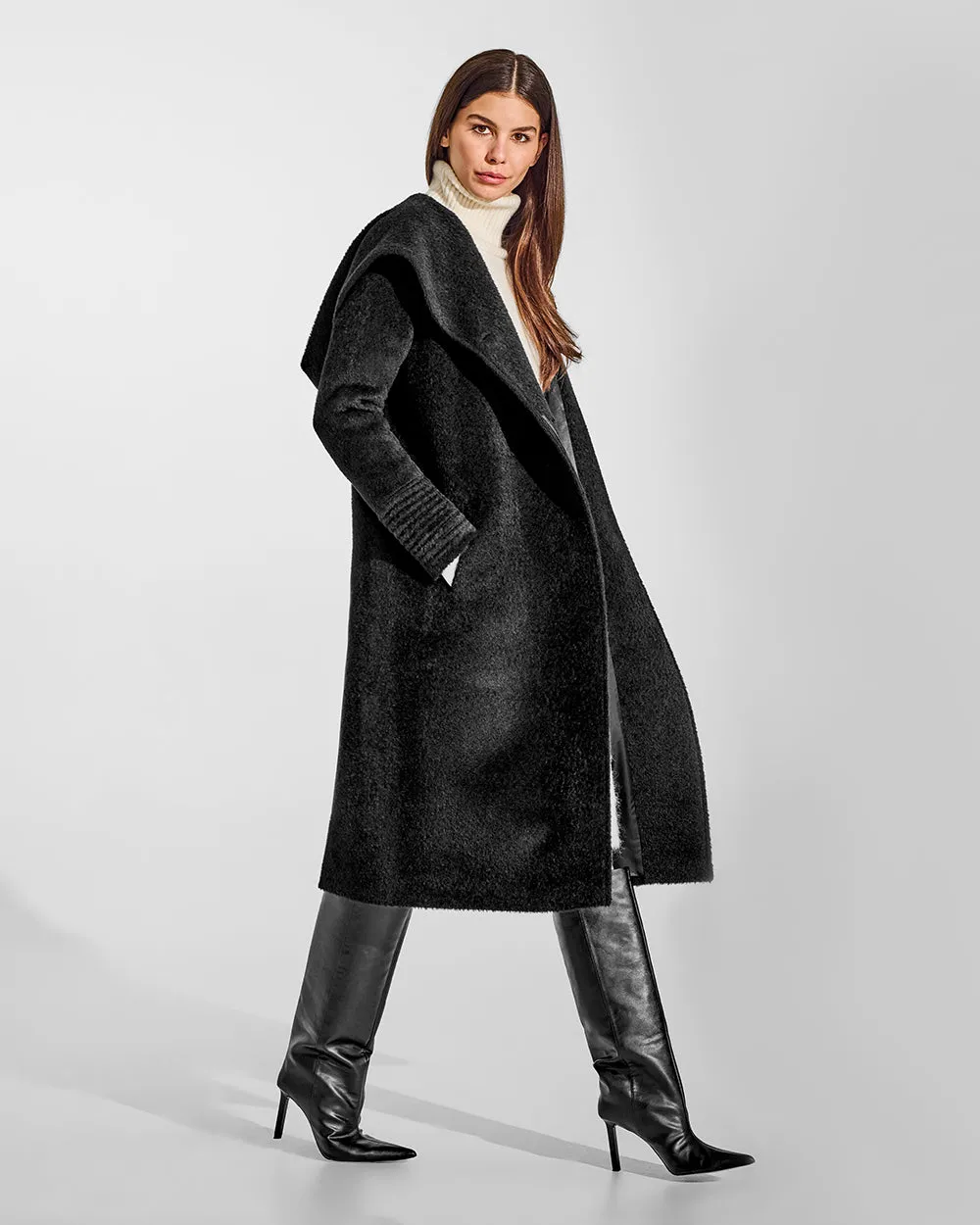 Bouclé Alpaca Long Hooded Coat