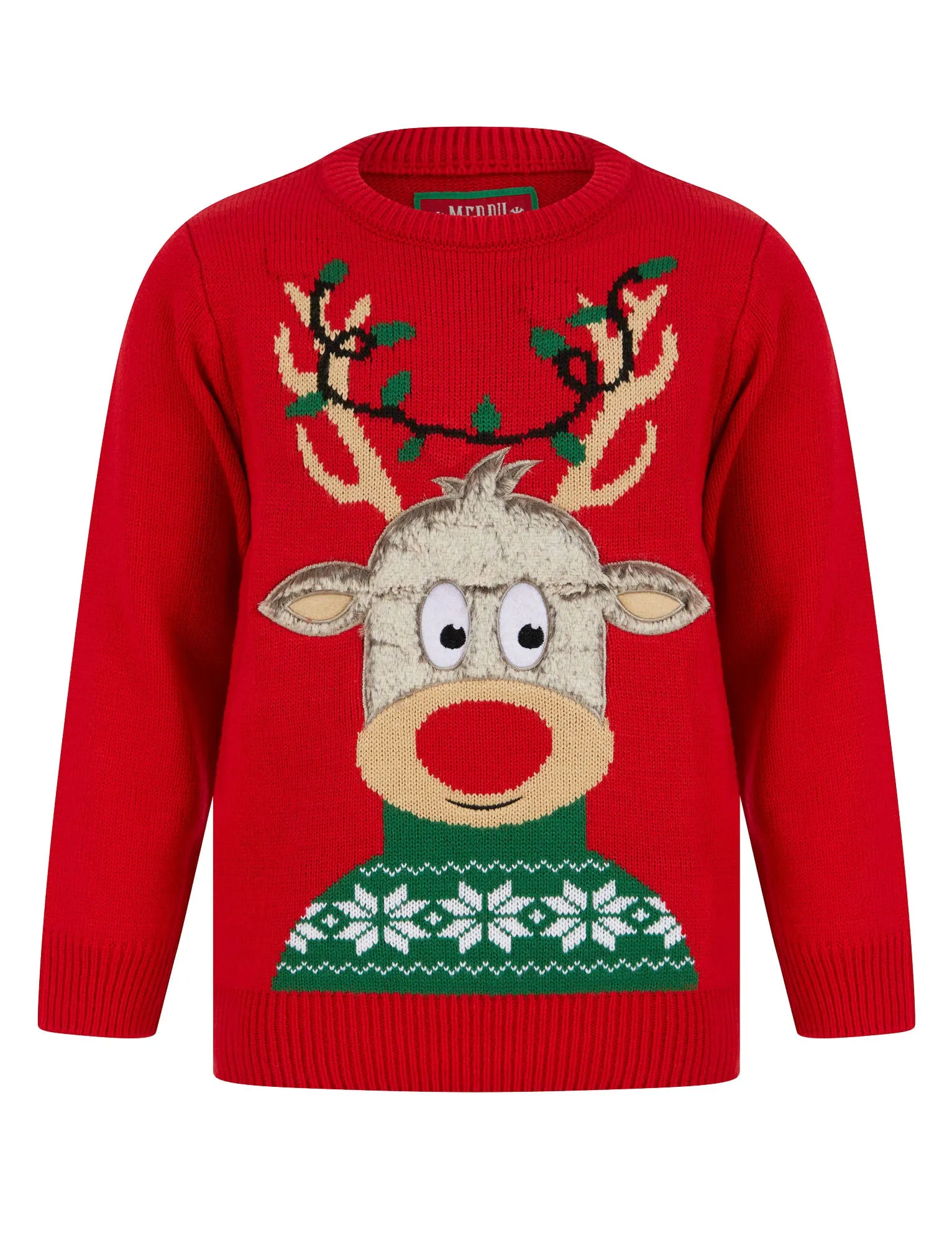 Boy's Cheeky Rudolph LED Light Up Novelty Christmas Jumper in Tokyo Red - Merry Christmas Kids (4-12yrs)