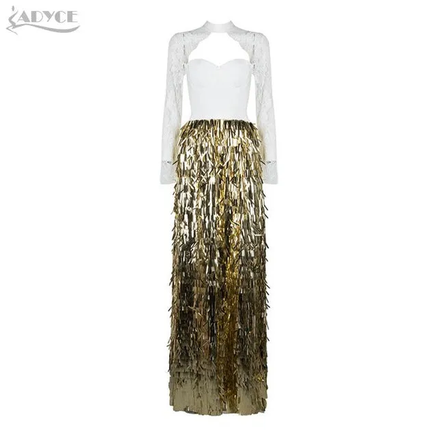 Brand Lace Sequins Long Sleeve Maxİ Dress