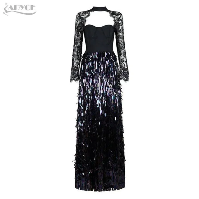 Brand Lace Sequins Long Sleeve Maxİ Dress