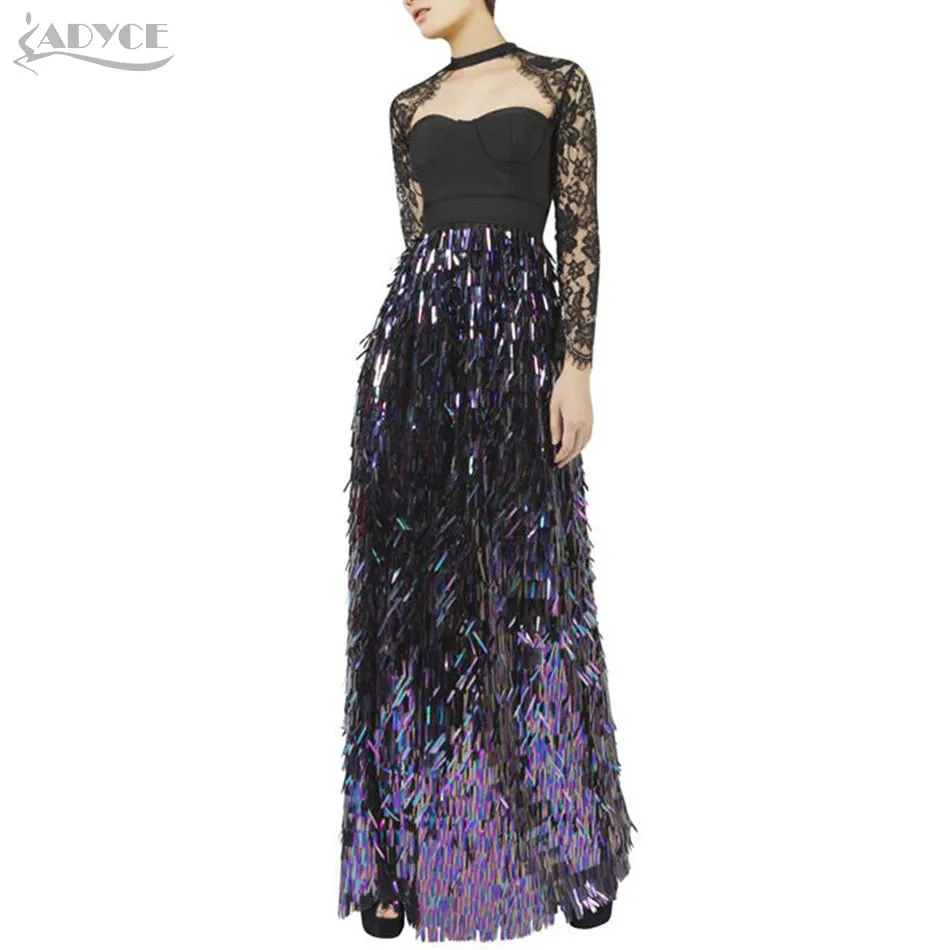 Brand Lace Sequins Long Sleeve Maxİ Dress