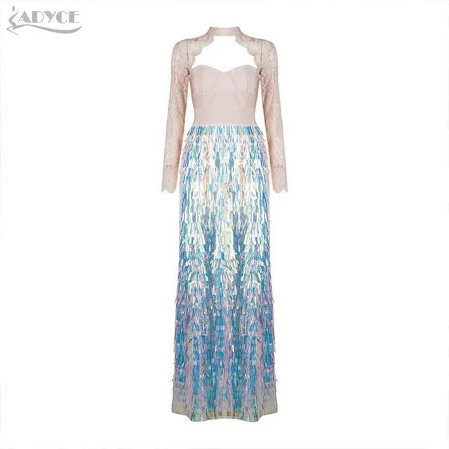 Brand Lace Sequins Long Sleeve Maxİ Dress