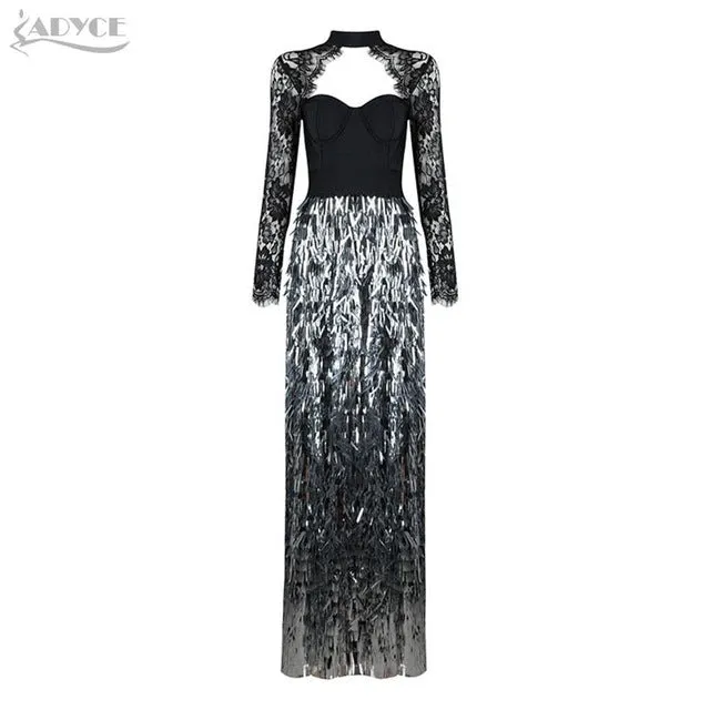 Brand Lace Sequins Long Sleeve Maxİ Dress