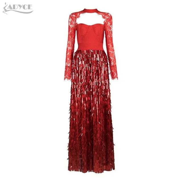 Brand Lace Sequins Long Sleeve Maxİ Dress