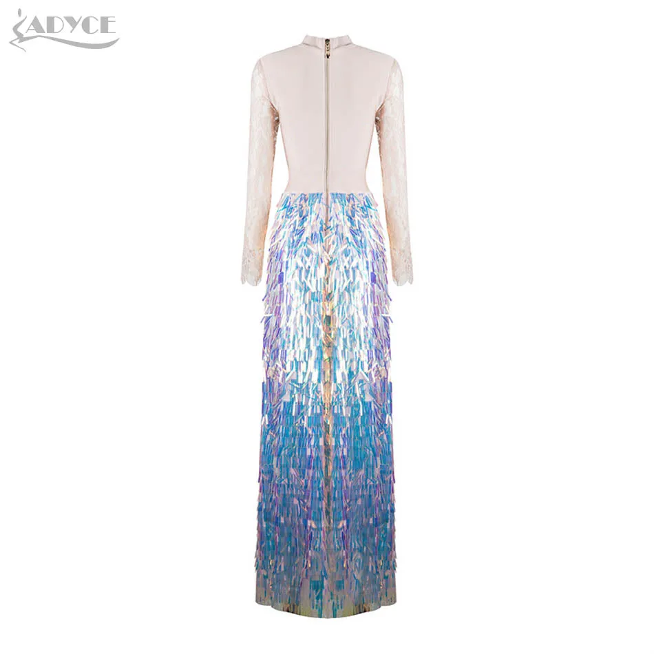 Brand Lace Sequins Long Sleeve Maxİ Dress