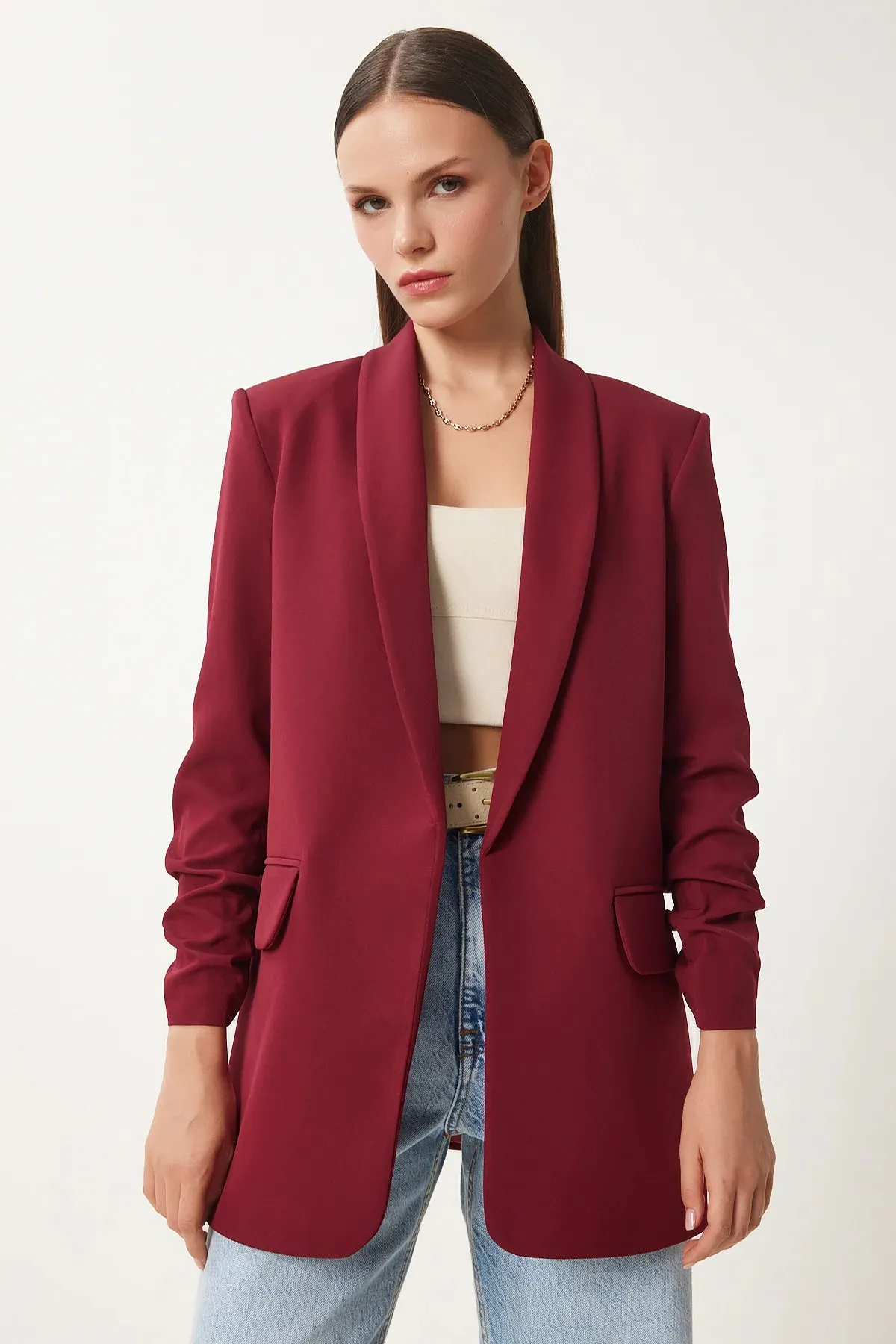 Burgundy Shawl Collar Gathered Detailed Woven Blazer Jacket