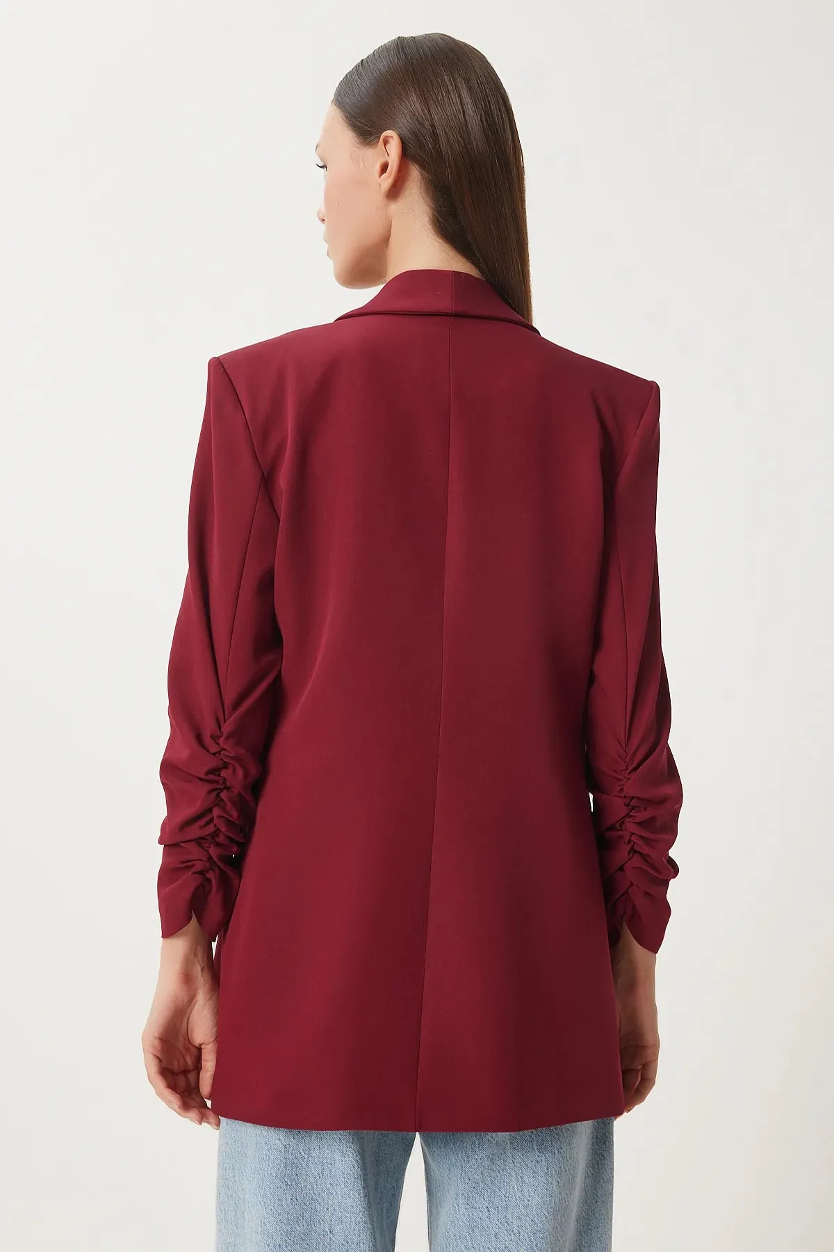 Burgundy Shawl Collar Gathered Detailed Woven Blazer Jacket