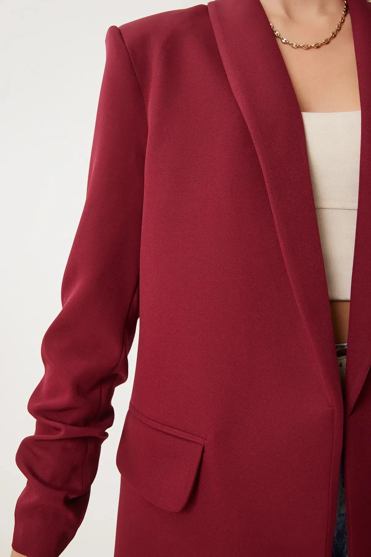 Burgundy Shawl Collar Gathered Detailed Woven Blazer Jacket