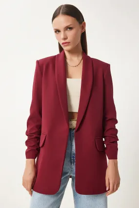 Burgundy Shawl Collar Gathered Detailed Woven Blazer Jacket