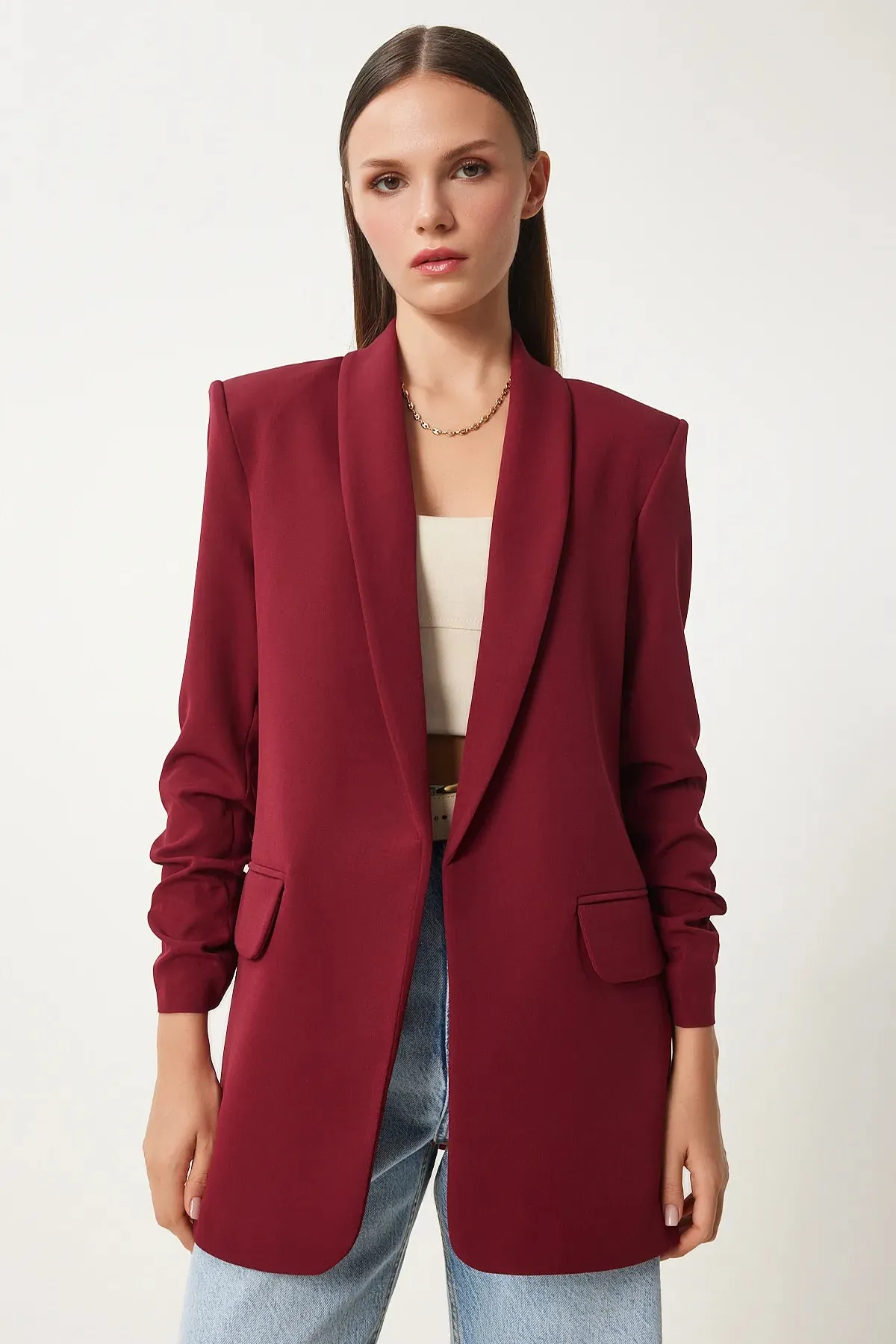 Burgundy Shawl Collar Gathered Detailed Woven Blazer Jacket