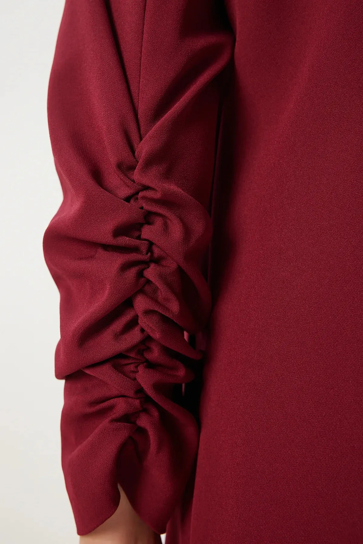 Burgundy Shawl Collar Gathered Detailed Woven Blazer Jacket