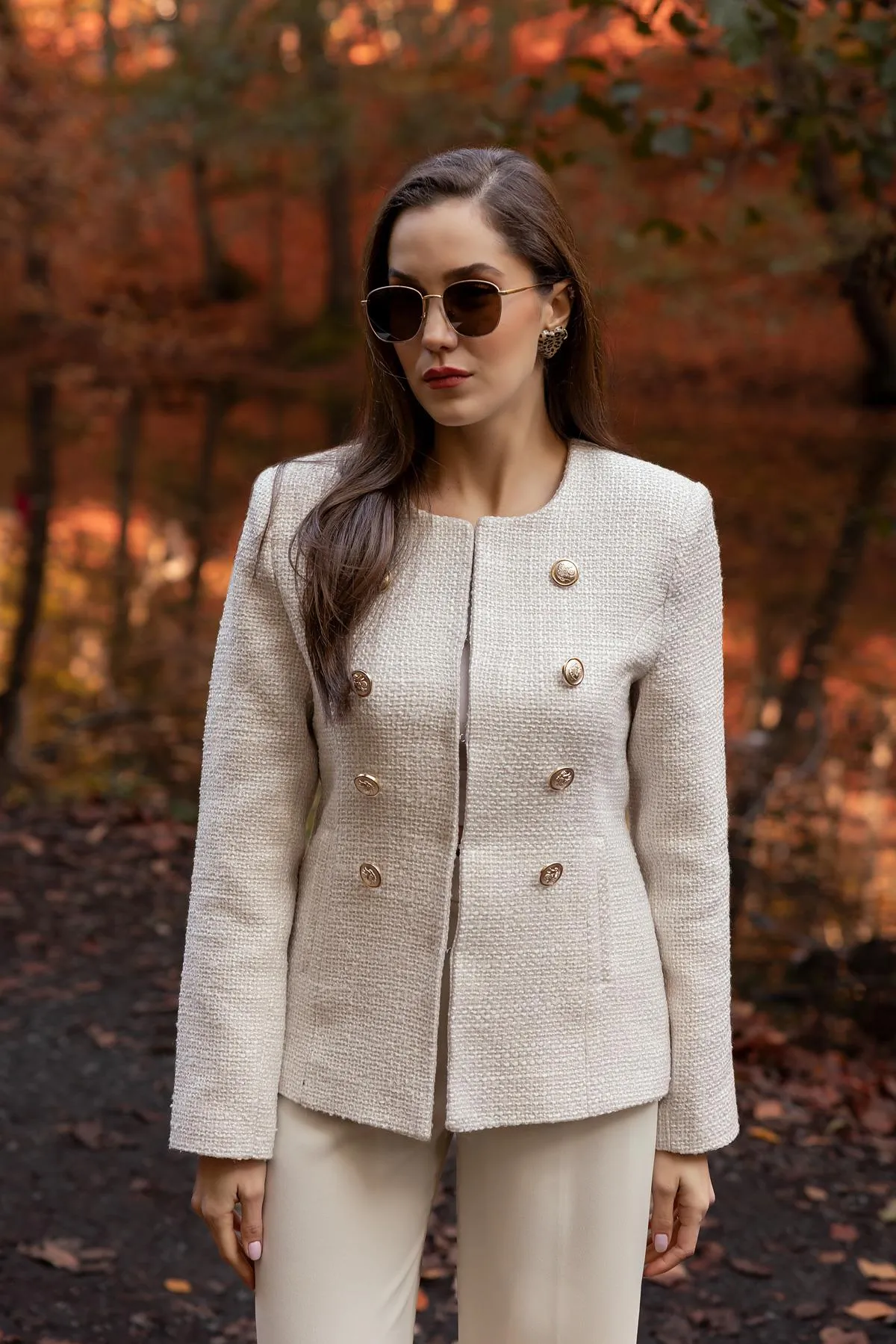 Button Detailed Tweed Jacket - CREAM