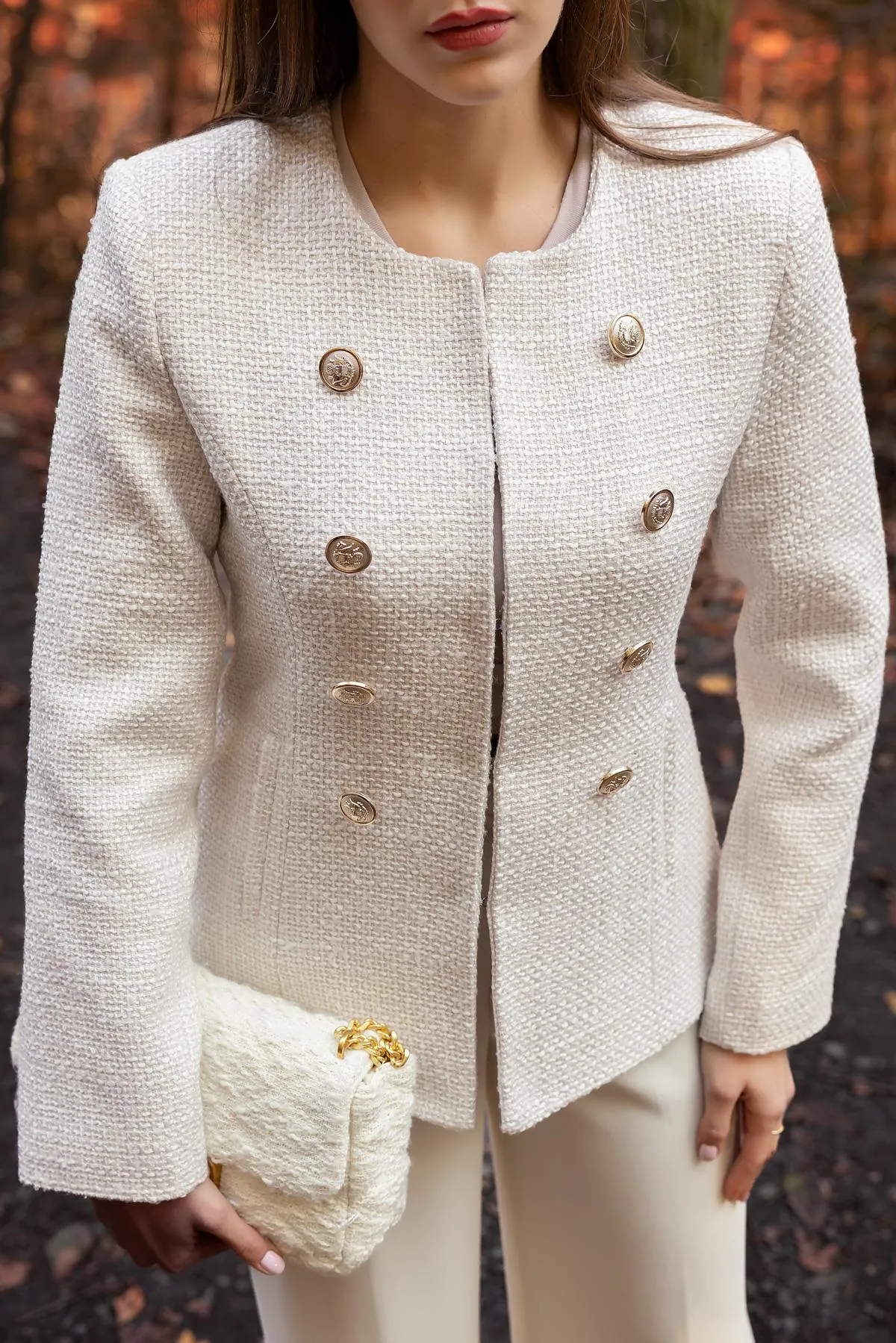 Button Detailed Tweed Jacket - CREAM