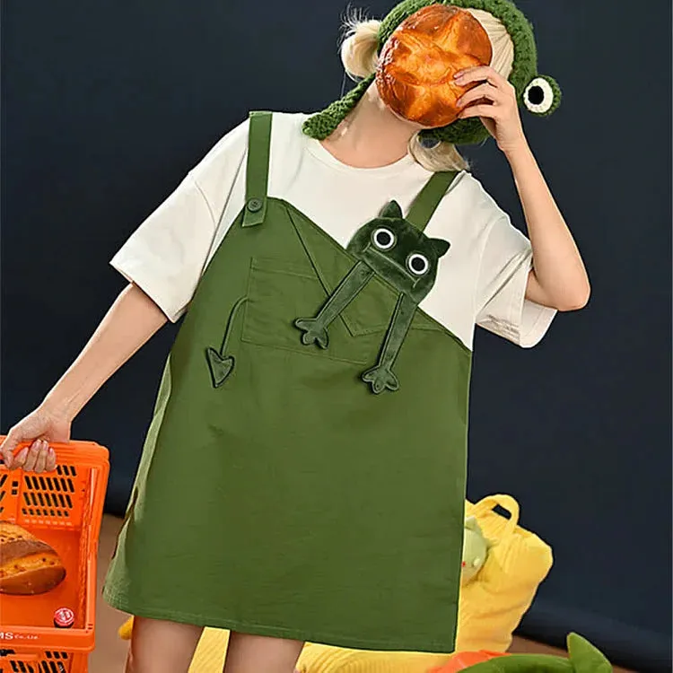 Cartoon Frog Fake Two Pieces Loose T-shirt Dress