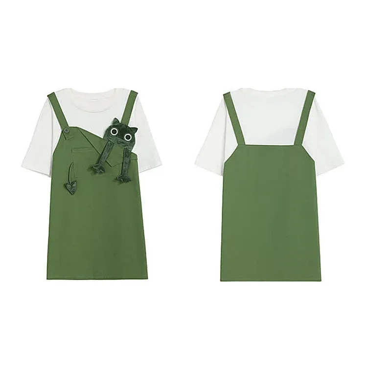 Cartoon Frog Fake Two Pieces Loose T-shirt Dress