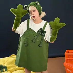 Cartoon Frog Fake Two Pieces Loose T-shirt Dress