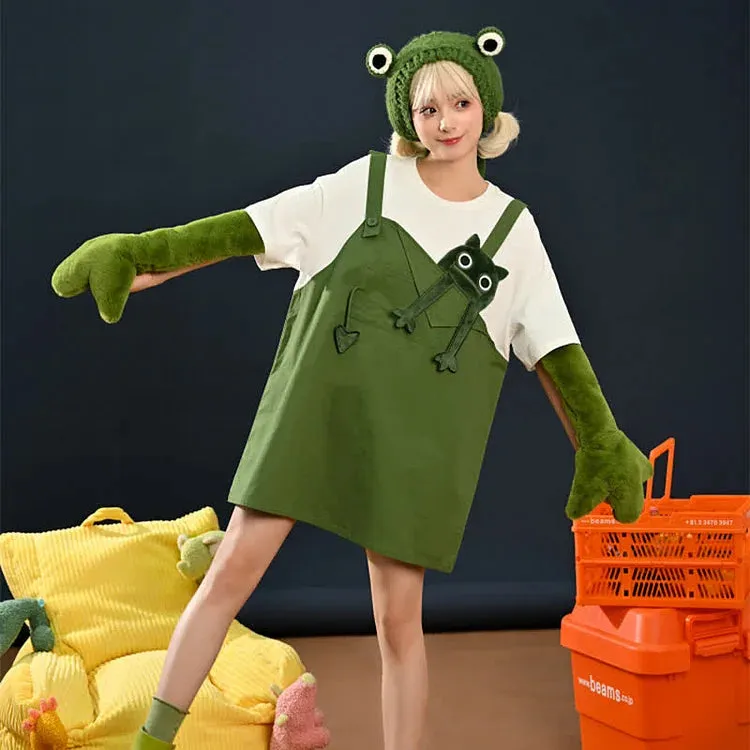 Cartoon Frog Fake Two Pieces Loose T-shirt Dress