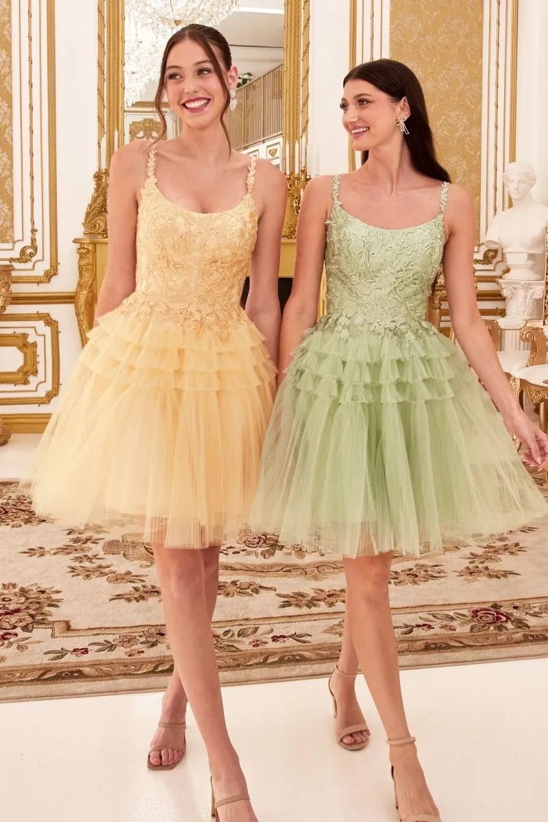CD 9310 - Short A-Line Homecoming Dress with Lace Embellished Scoop Neck Bodice & Pleat Tiered Tulle Skirt