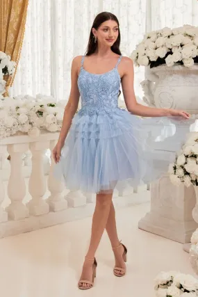 CD 9310 - Short A-Line Homecoming Dress with Lace Embellished Scoop Neck Bodice & Pleat Tiered Tulle Skirt