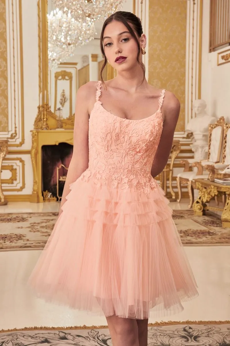 CD 9310 - Short A-Line Homecoming Dress with Lace Embellished Scoop Neck Bodice & Pleat Tiered Tulle Skirt