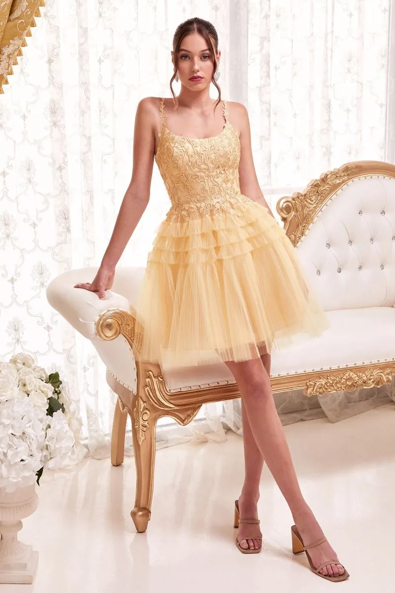CD 9310 - Short A-Line Homecoming Dress with Lace Embellished Scoop Neck Bodice & Pleat Tiered Tulle Skirt