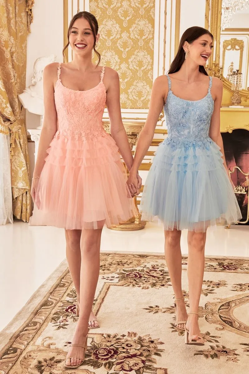 CD 9310 - Short A-Line Homecoming Dress with Lace Embellished Scoop Neck Bodice & Pleat Tiered Tulle Skirt